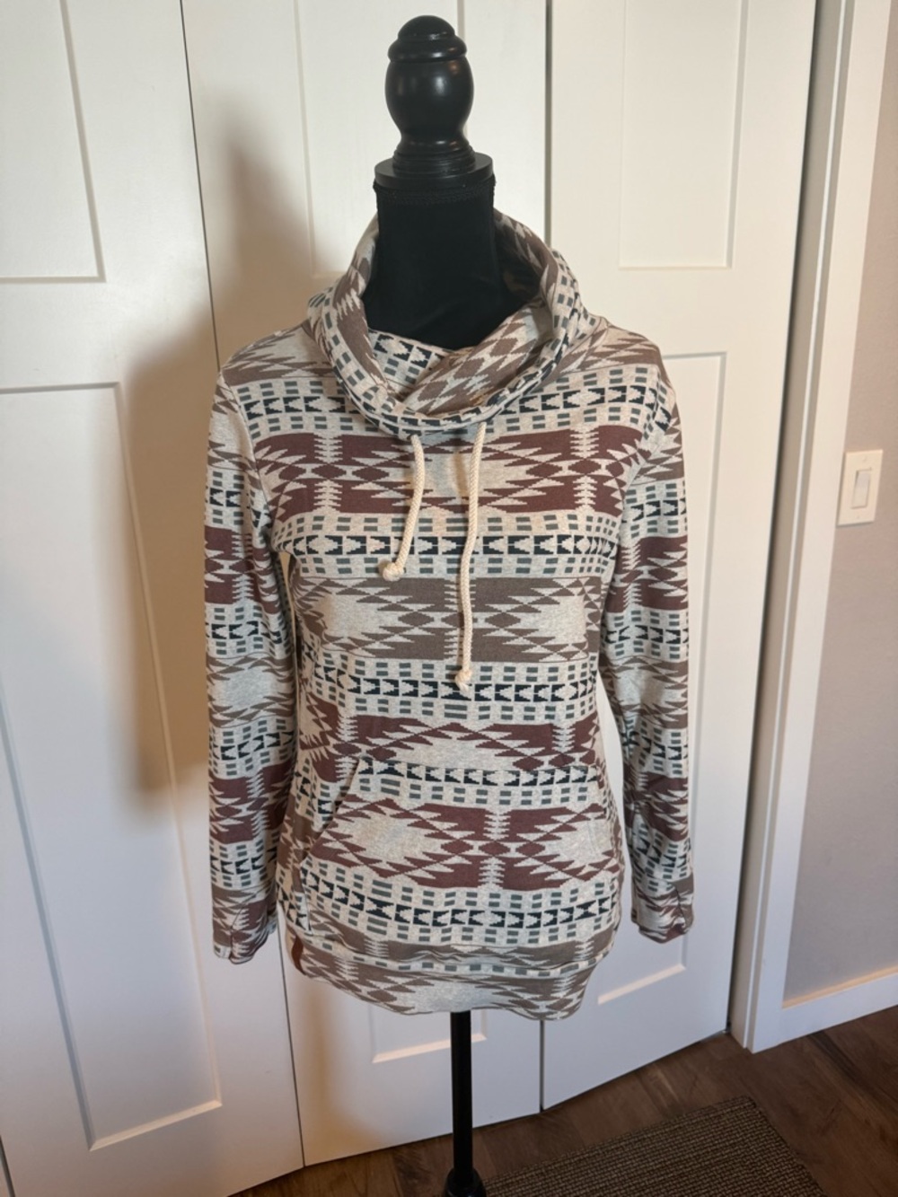 AMPERSAND AVE Aztec Cowl Neck Pullover in Cream and Brown